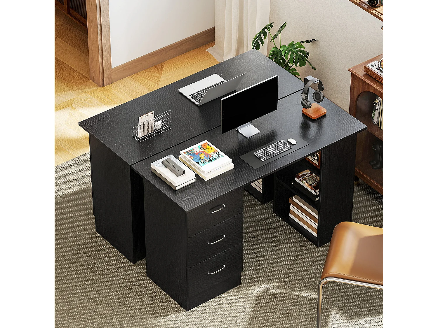 Tonosa 120cm Black Study Desk with 3 Shelves and 3 Drawers