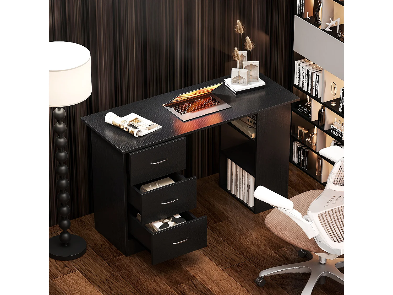 Tonosa 120cm Black Study Desk with 3 Shelves and 3 Drawers