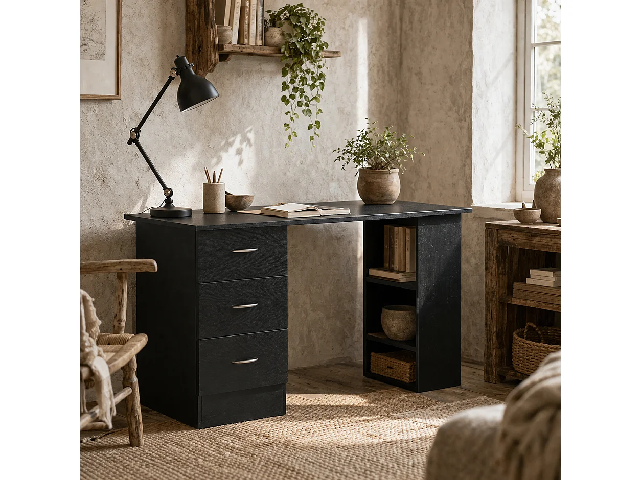 Tonosa 120cm Black Study Desk with 3 Shelves and 3 Drawers