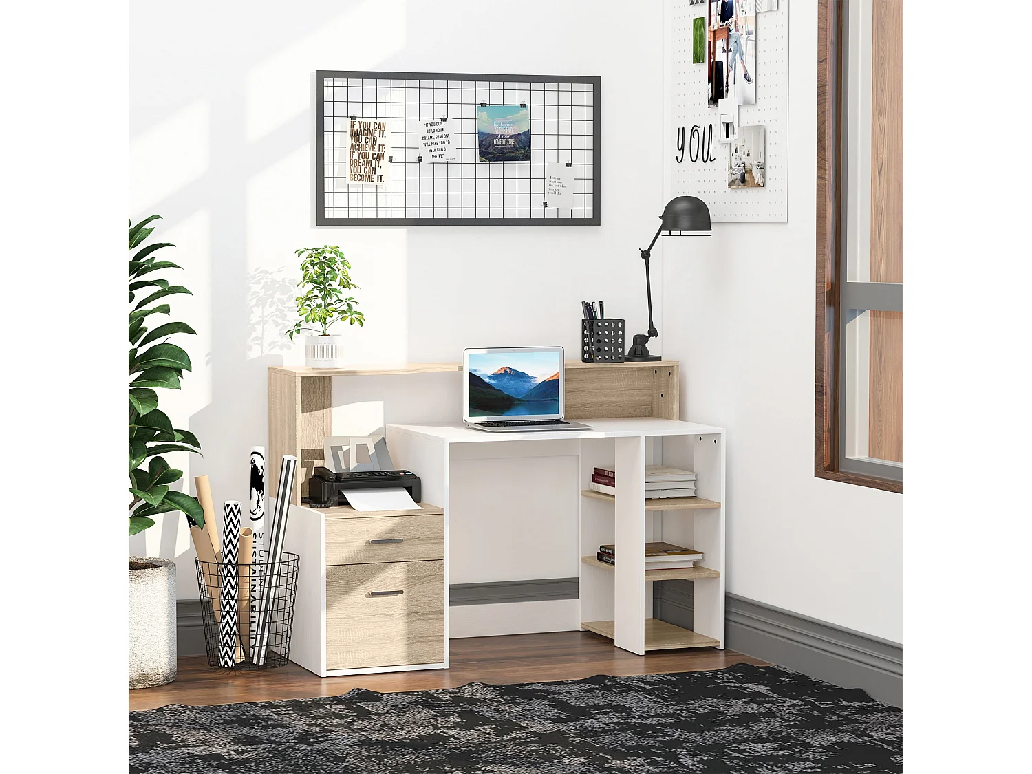 Niledi 137cm Oak and White Office Desk with Shelves Drawers and Printer Stand