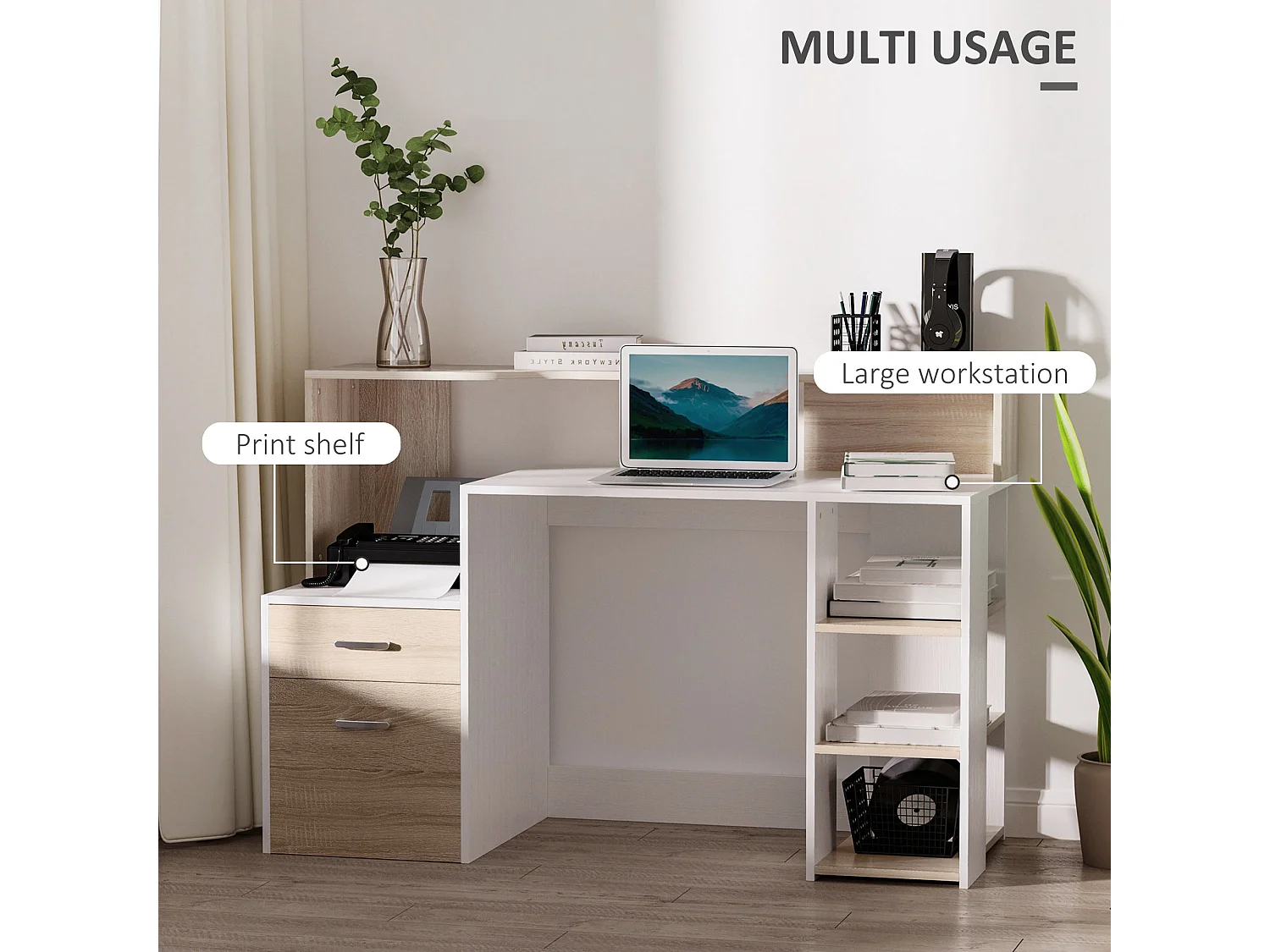 Niledi 137cm Oak and White Office Desk with Shelves Drawers and Printer Stand