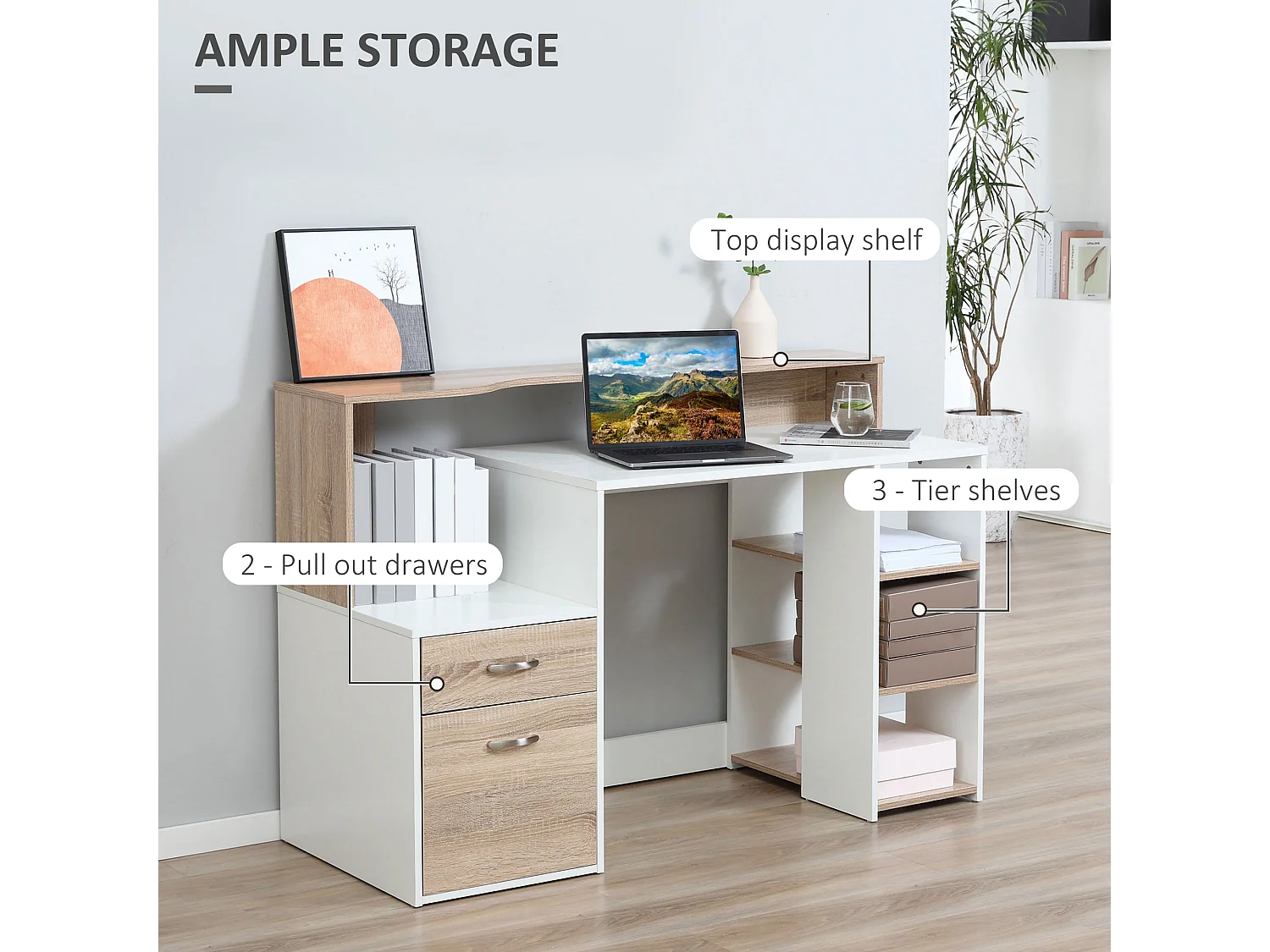Niledi 137cm Oak and White Office Desk with Shelves Drawers and Printer Stand
