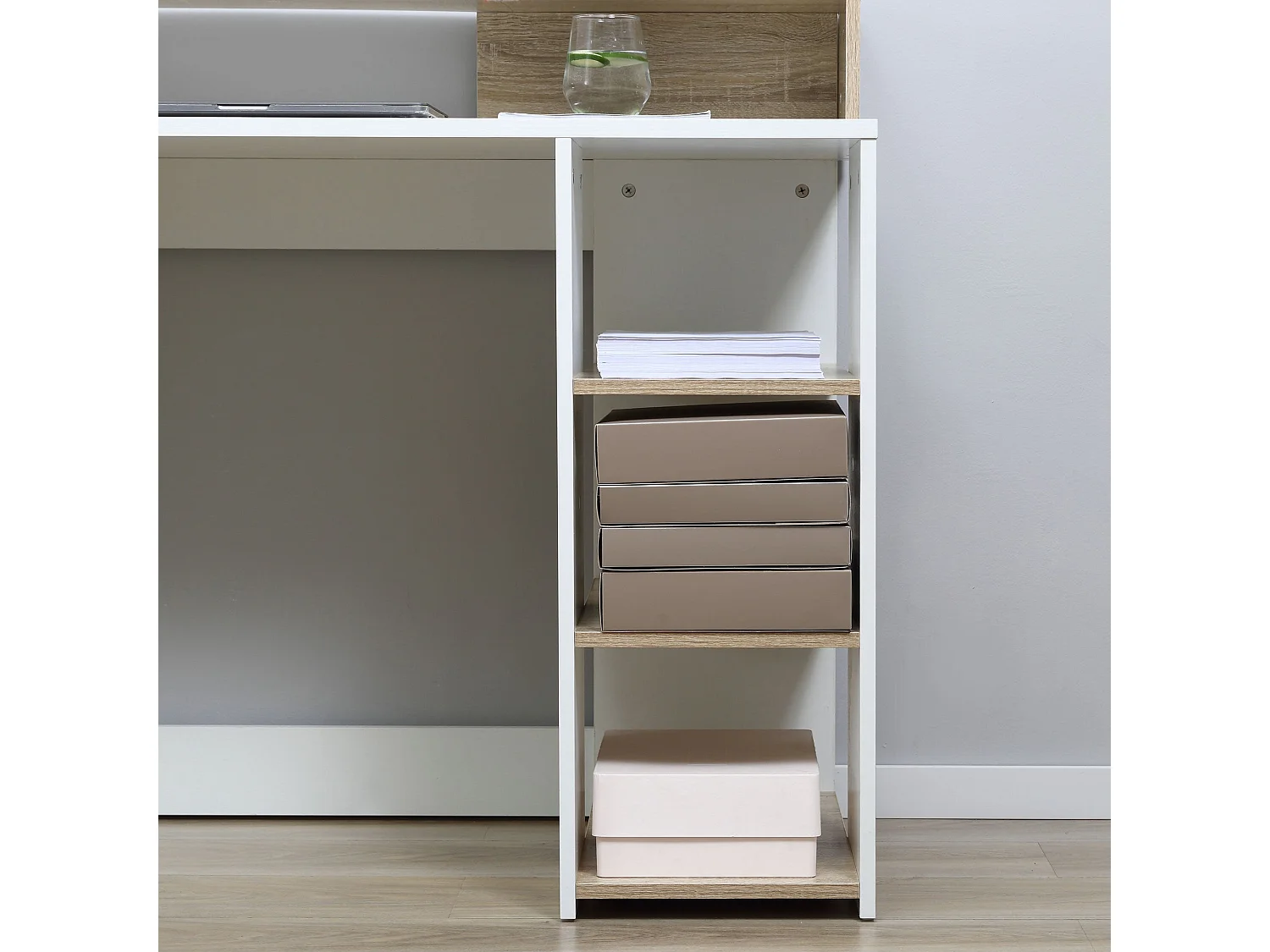 Niledi 137cm Oak and White Office Desk with Shelves Drawers and Printer Stand