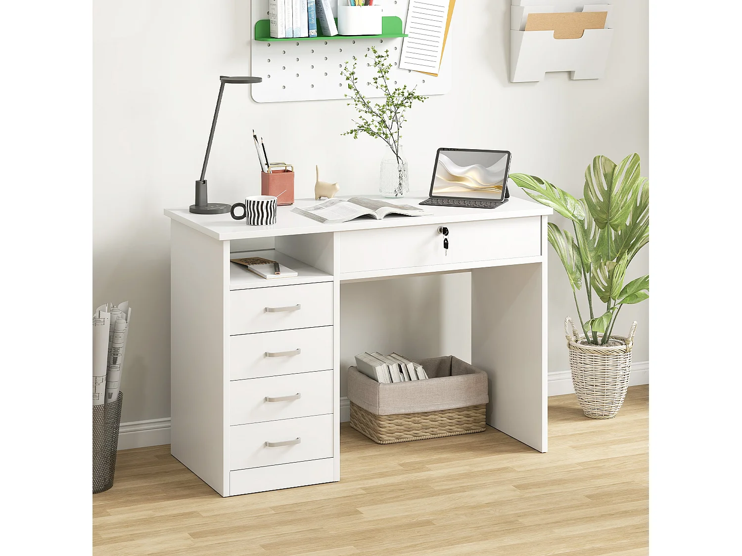 Fizita 110cm White Home Office Desk with 5 Storage Drawers