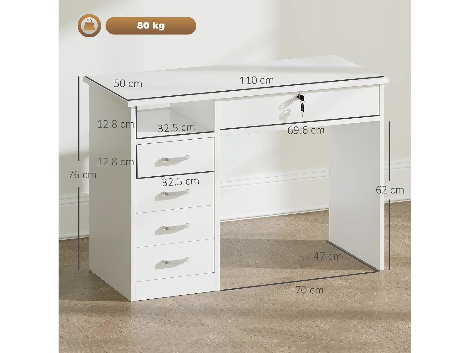Fizita 110cm White Home Office Desk with 5 Storage Drawers