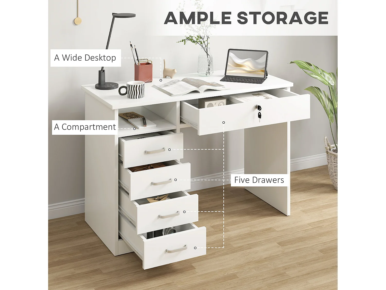 Fizita 110cm White Home Office Desk with 5 Storage Drawers