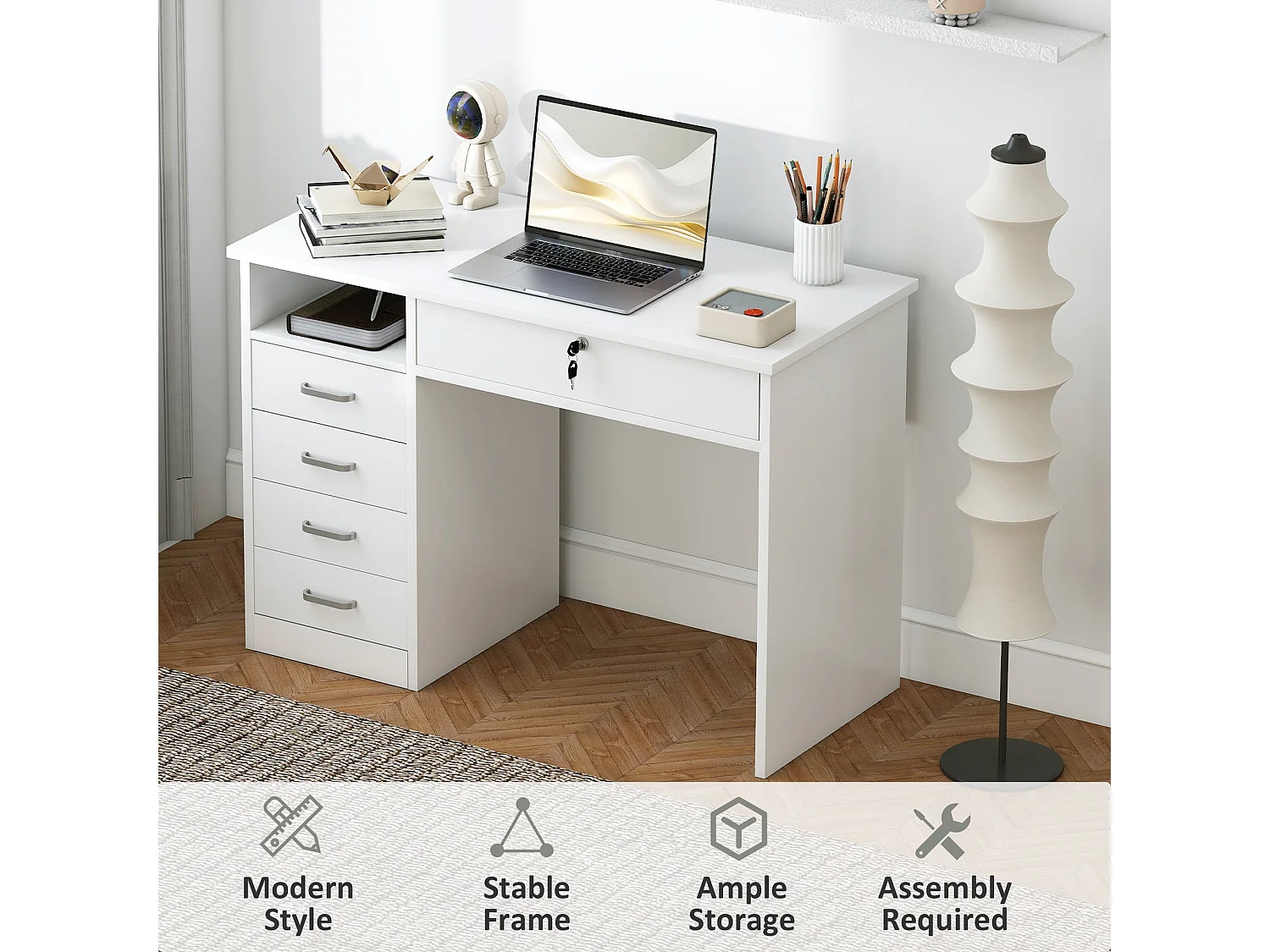 Fizita 110cm White Home Office Desk with 5 Storage Drawers