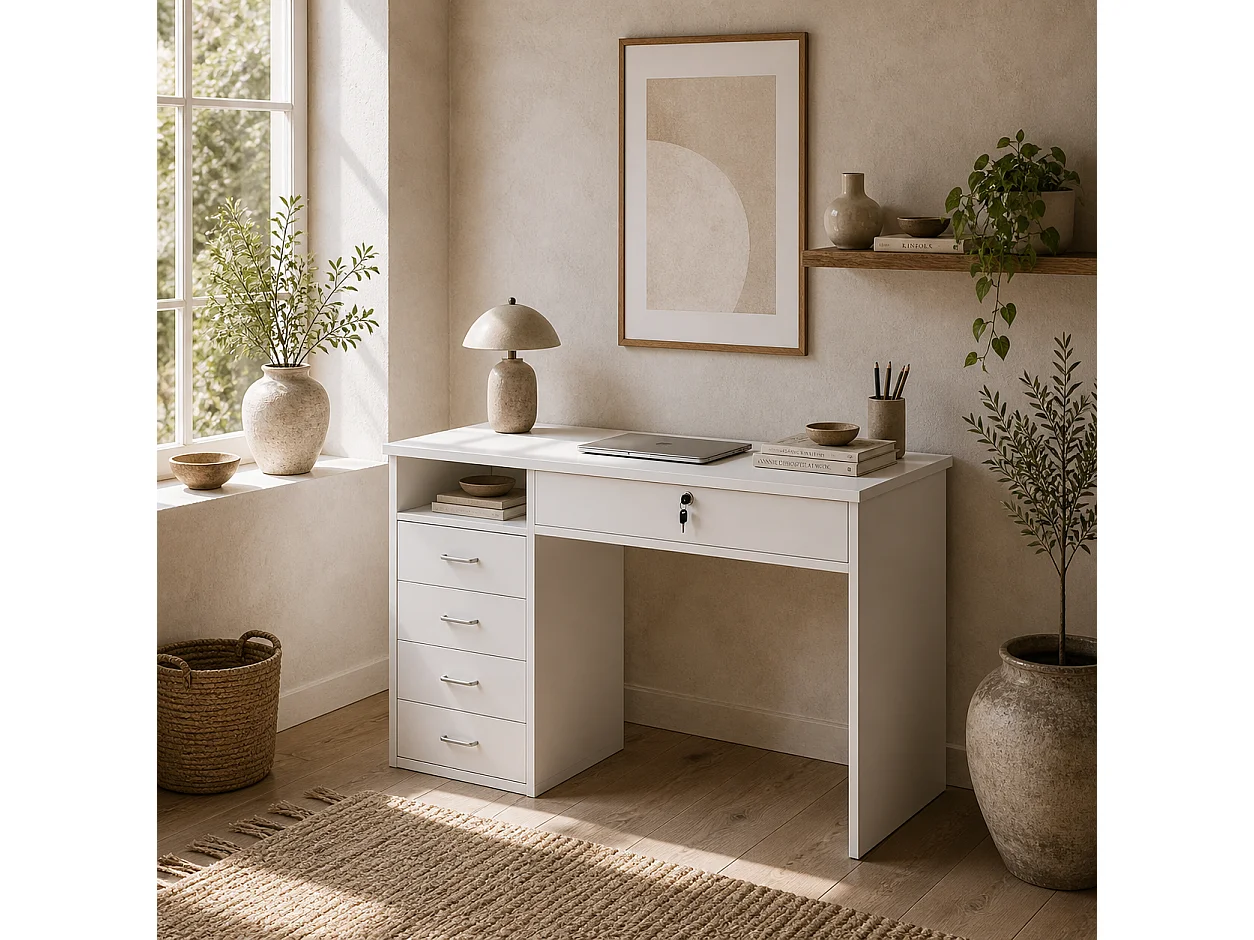 Fizita 110cm White Home Office Desk with 5 Storage Drawers