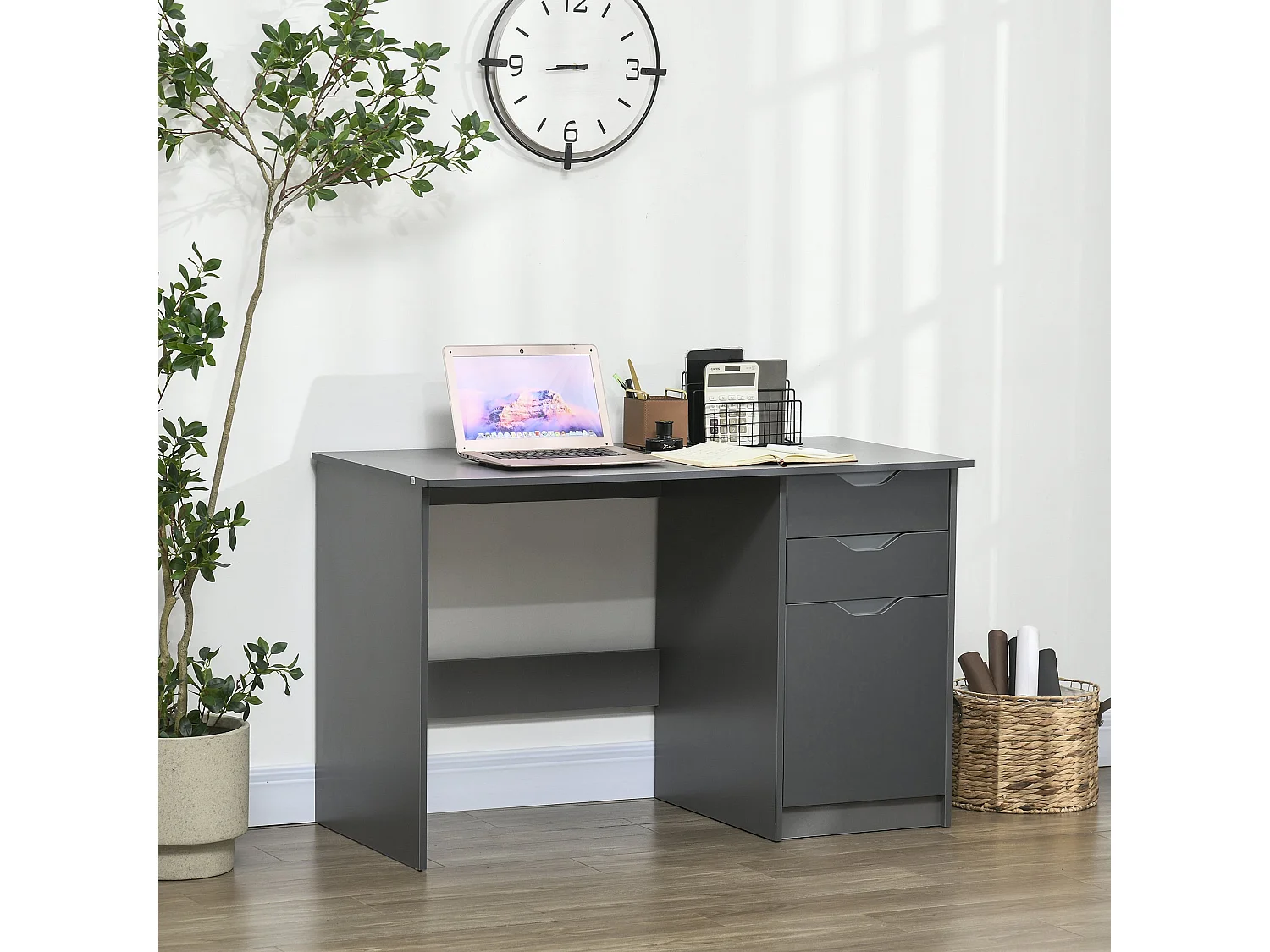Sareco 120cm High Gloss Grey Home Office Desk Drawers and Cabinet