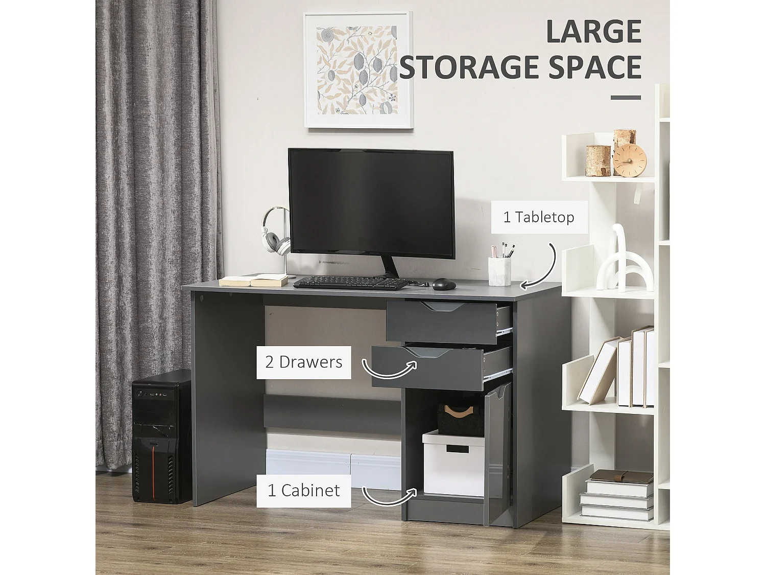 Sareco 120cm High Gloss Grey Home Office Desk Drawers and Cabinet