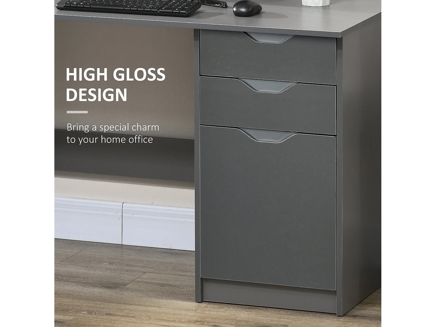 Sareco 120cm High Gloss Grey Home Office Desk Drawers and Cabinet