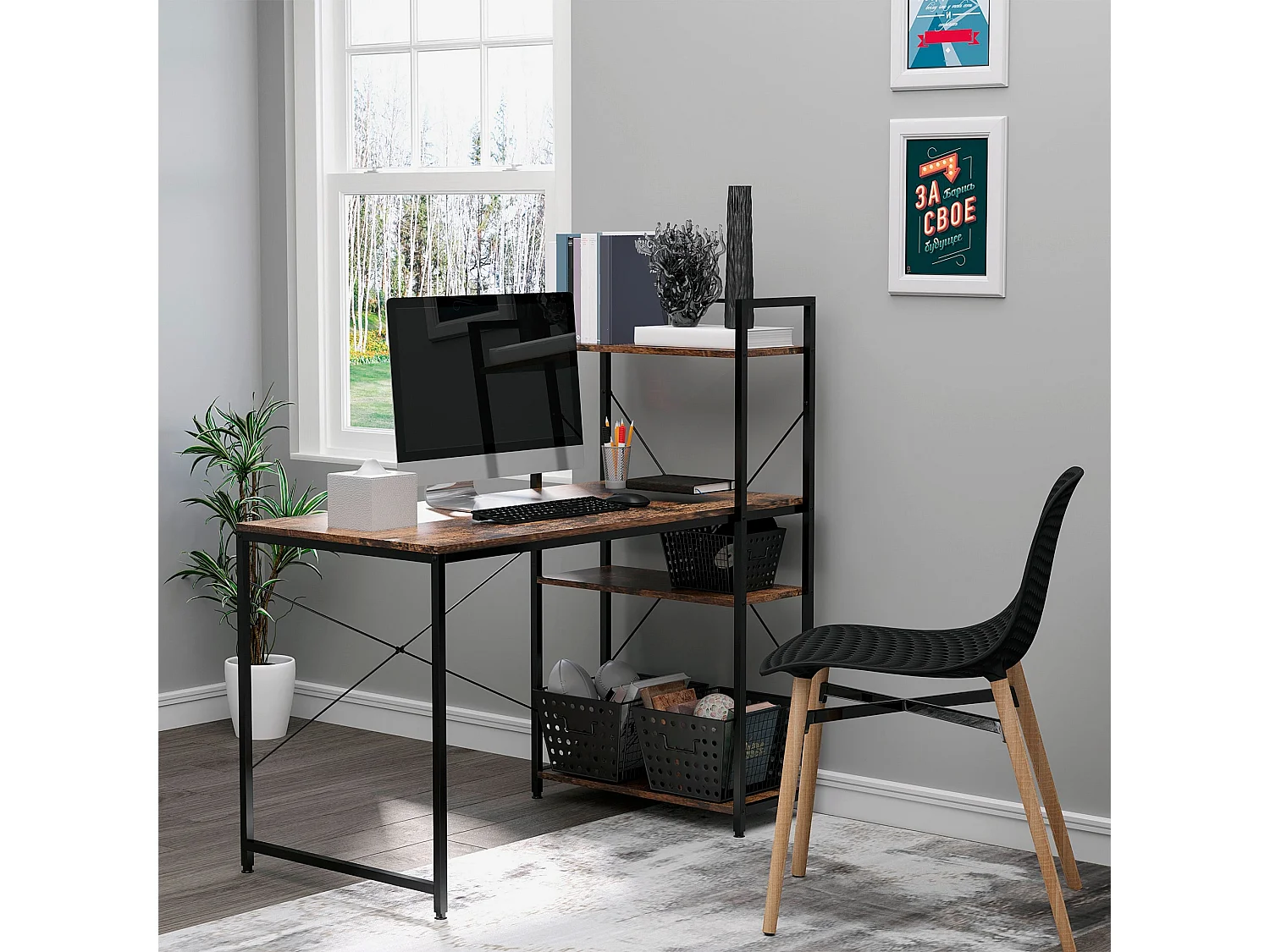 Ledo 120cm Rustic Brown and Black Reversible Industrial Home Office Desk with Side Shelving
