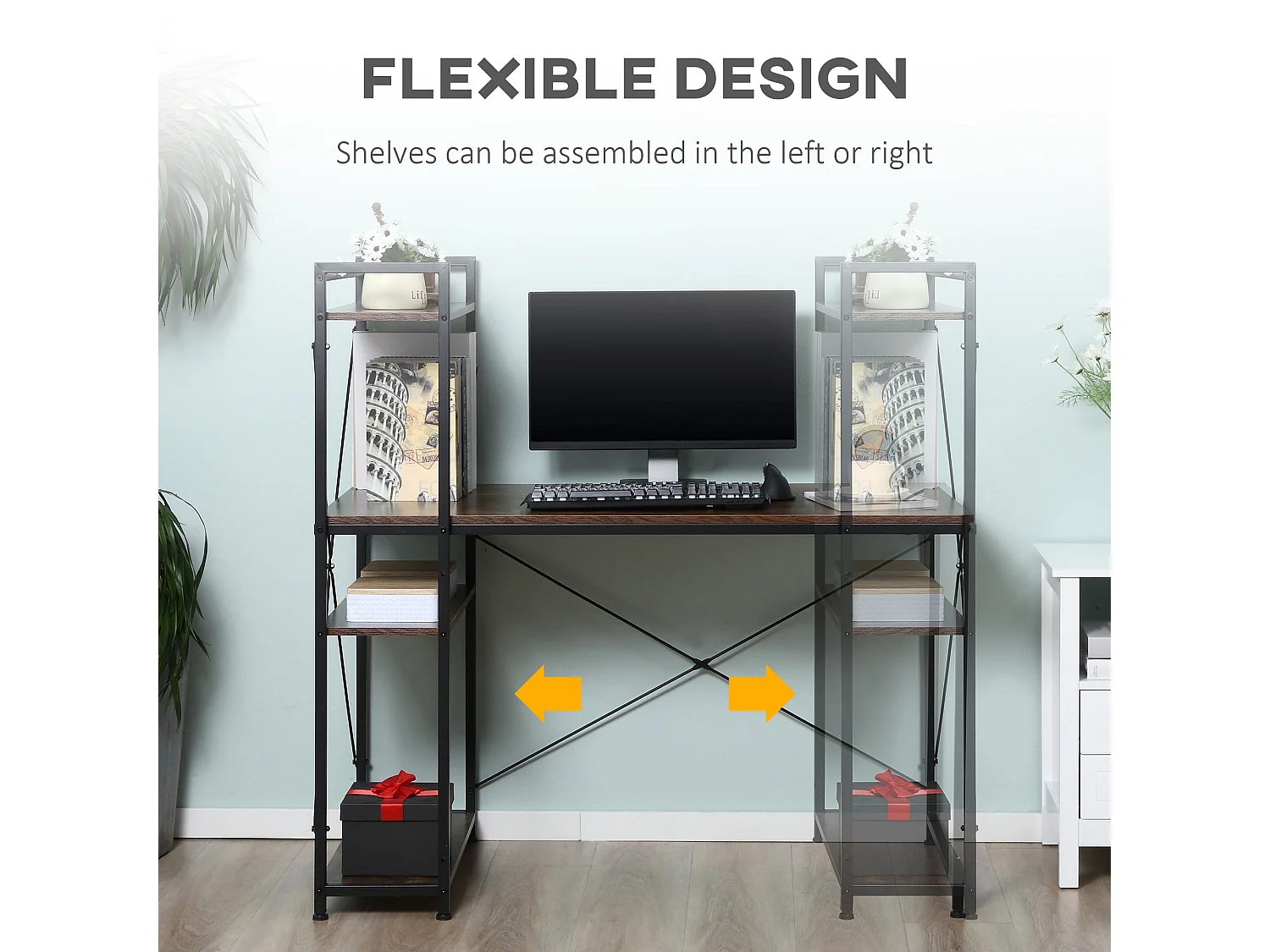 Ledo 120cm Rustic Brown and Black Reversible Industrial Home Office Desk with Side Shelving