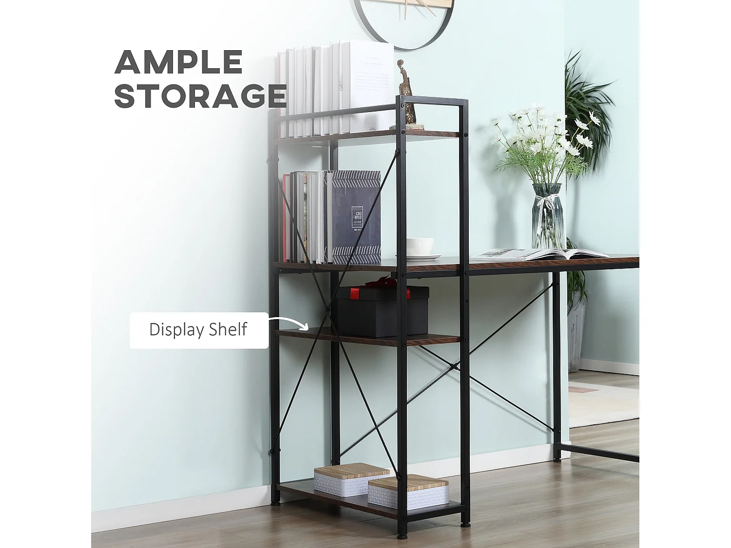 Ledo 120cm Rustic Brown and Black Reversible Industrial Home Office Desk with Side Shelving