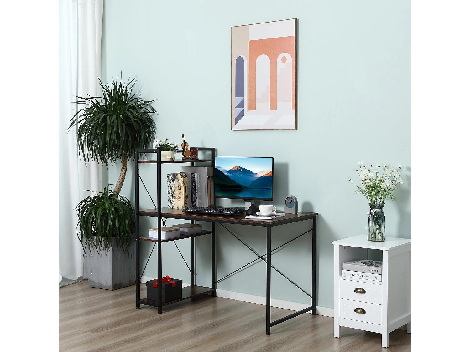 Ledo 120cm Rustic Brown and Black Reversible Industrial Home Office Desk with Side Shelving