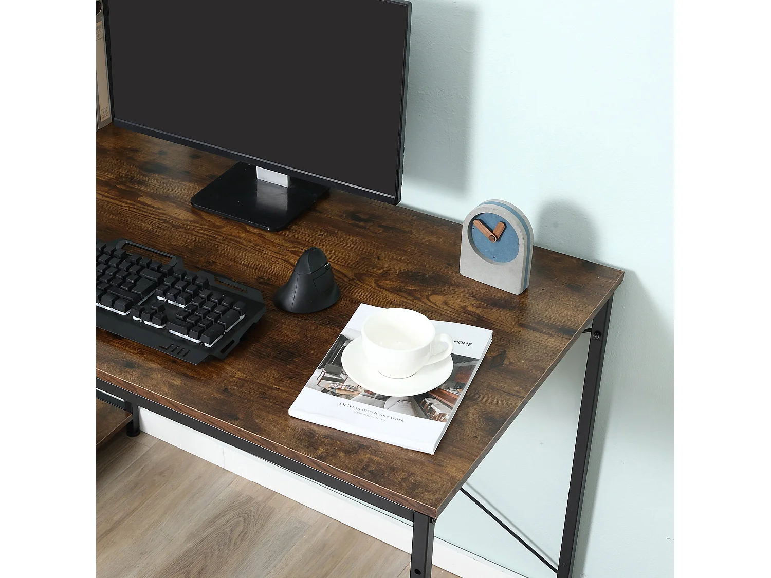 Ledo 120cm Rustic Brown and Black Reversible Industrial Home Office Desk with Side Shelving