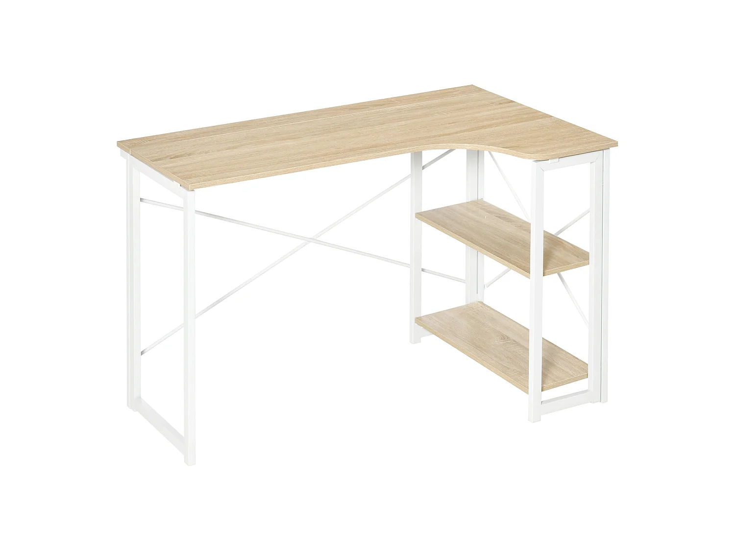 120cm Oak Effect Folding L Shaped Desk with 2 Tier Storage Shelves