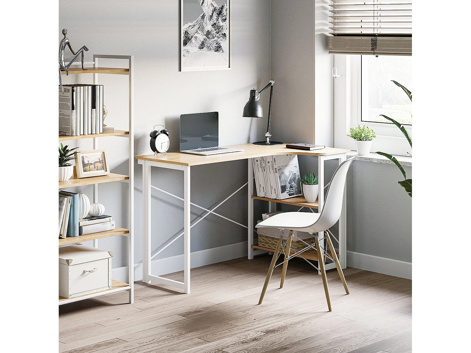 120cm Oak Effect Folding L Shaped Desk with 2 Tier Storage Shelves