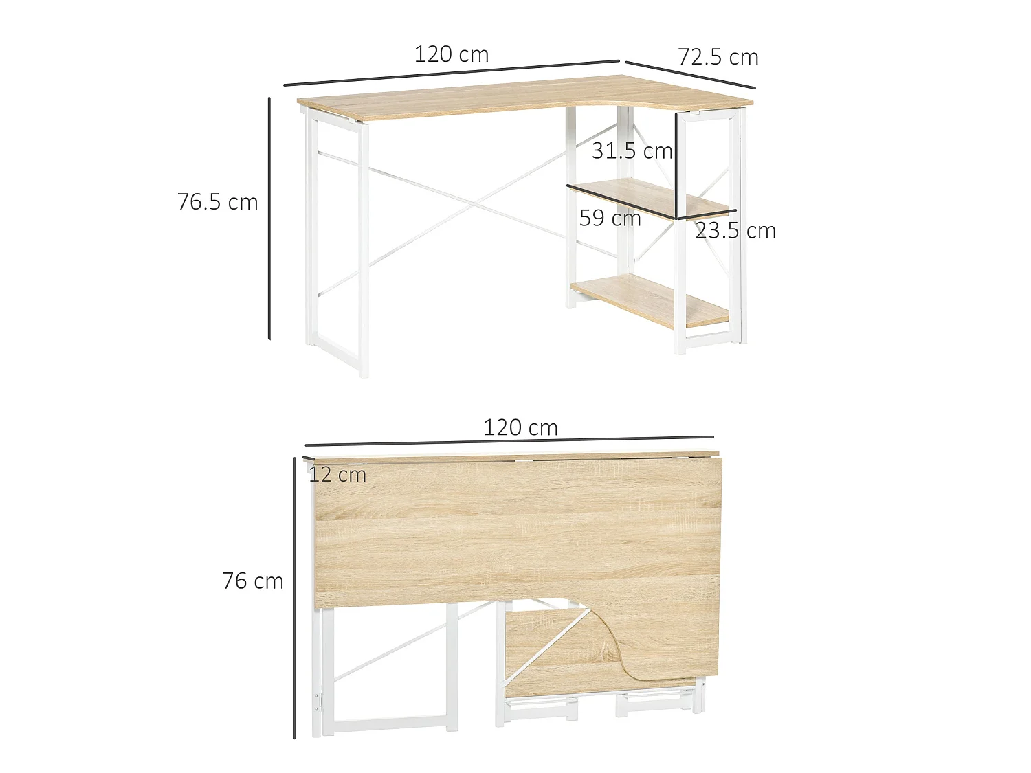 120cm Oak Effect Folding L Shaped Desk with 2 Tier Storage Shelves