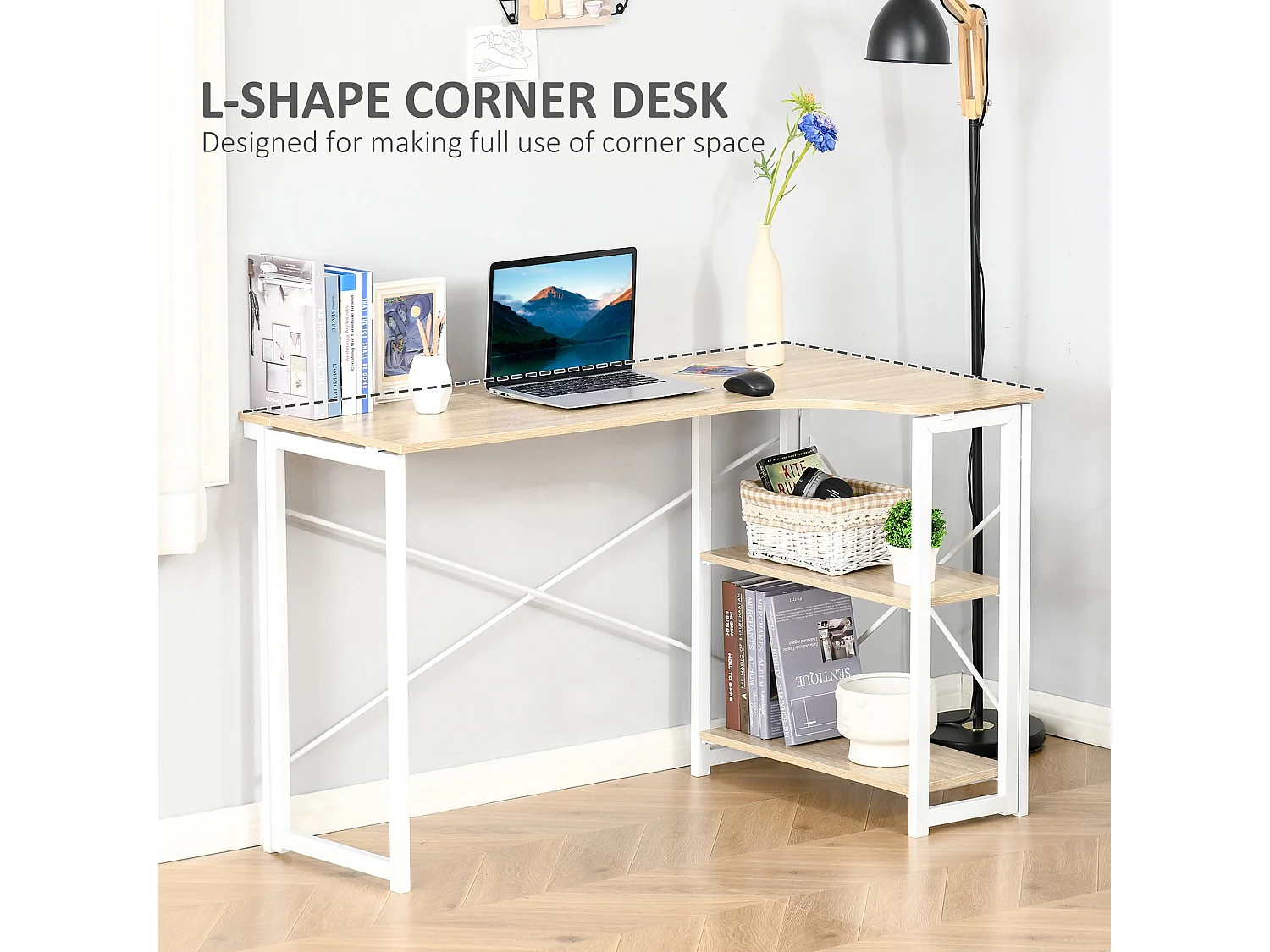120cm Oak Effect Folding L Shaped Desk with 2 Tier Storage Shelves