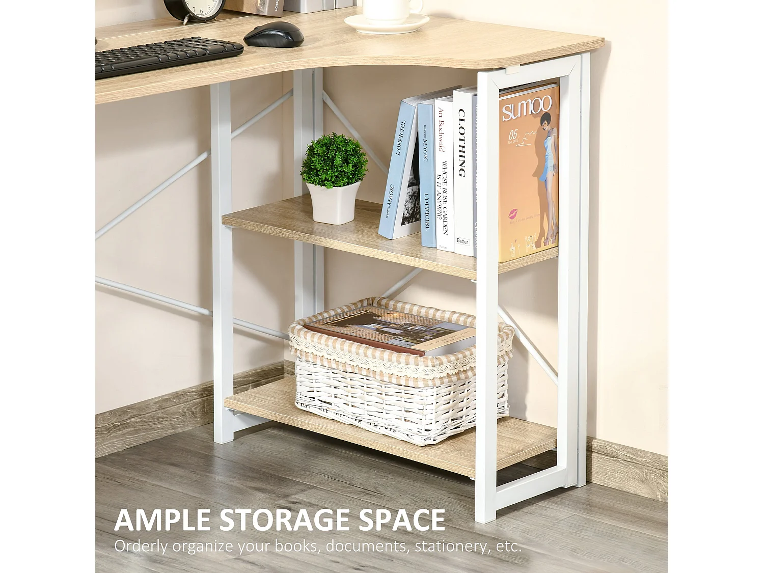 120cm Oak Effect Folding L Shaped Desk with 2 Tier Storage Shelves