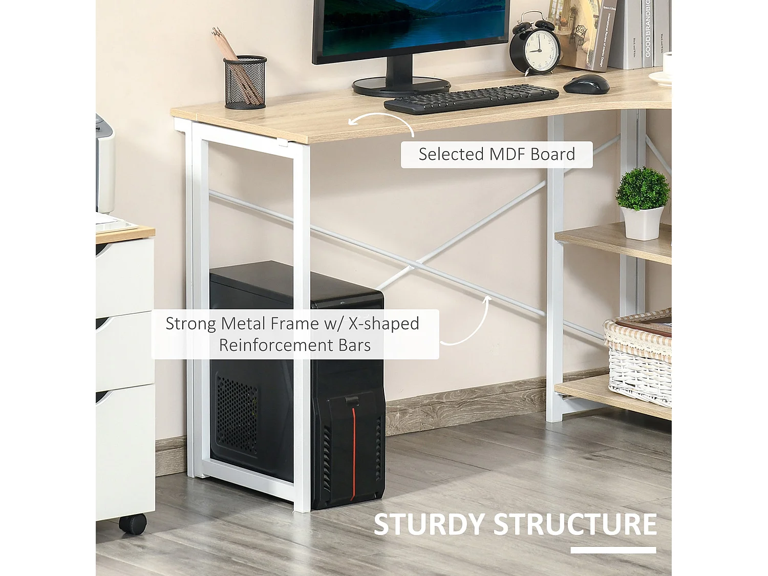 120cm Oak Effect Folding L Shaped Desk with 2 Tier Storage Shelves