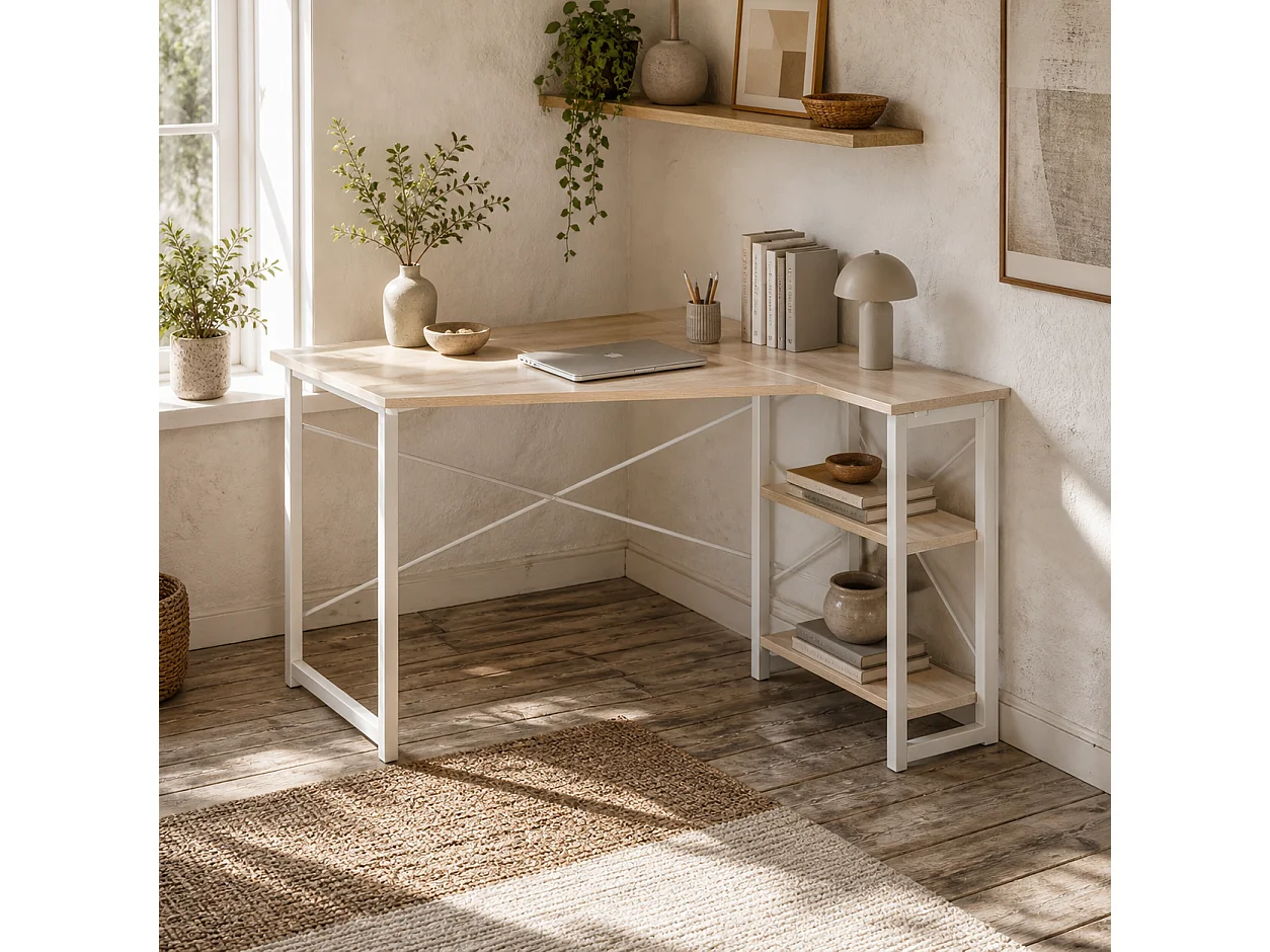 120cm Oak Effect Folding L Shaped Desk with 2 Tier Storage Shelves