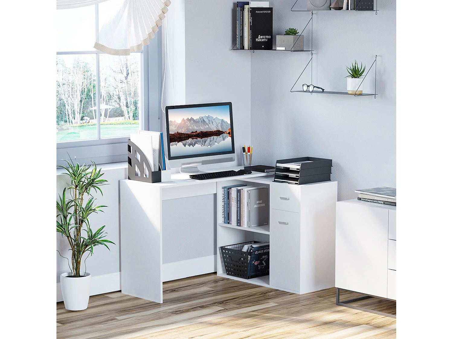 173cm White Wood Grain L Shaped Desk with Drawer Shelves and Cabinet