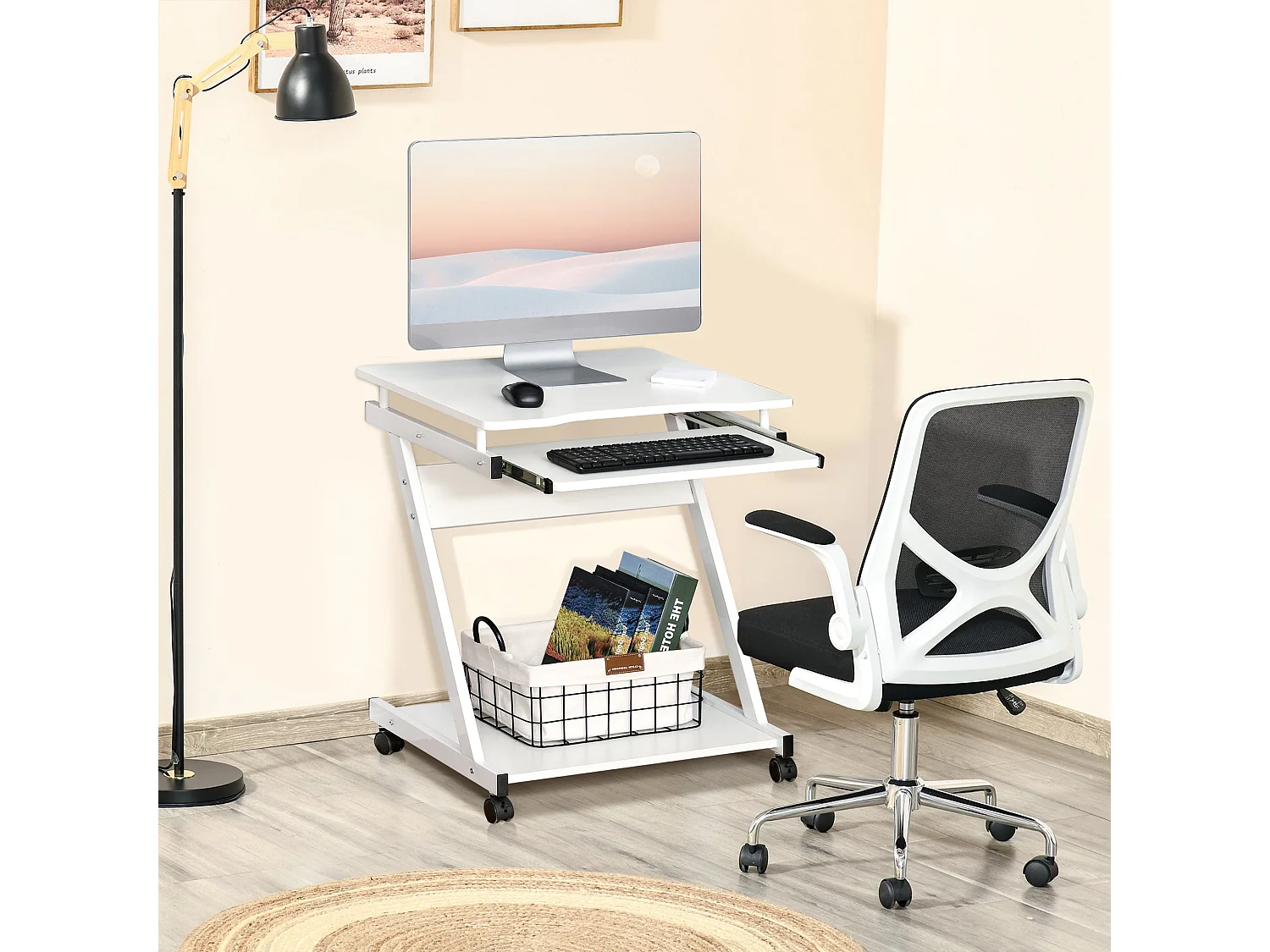 Suel 60cm White Z Shaped Mobile Desk with Wheels and Sliding Keyboard Tray