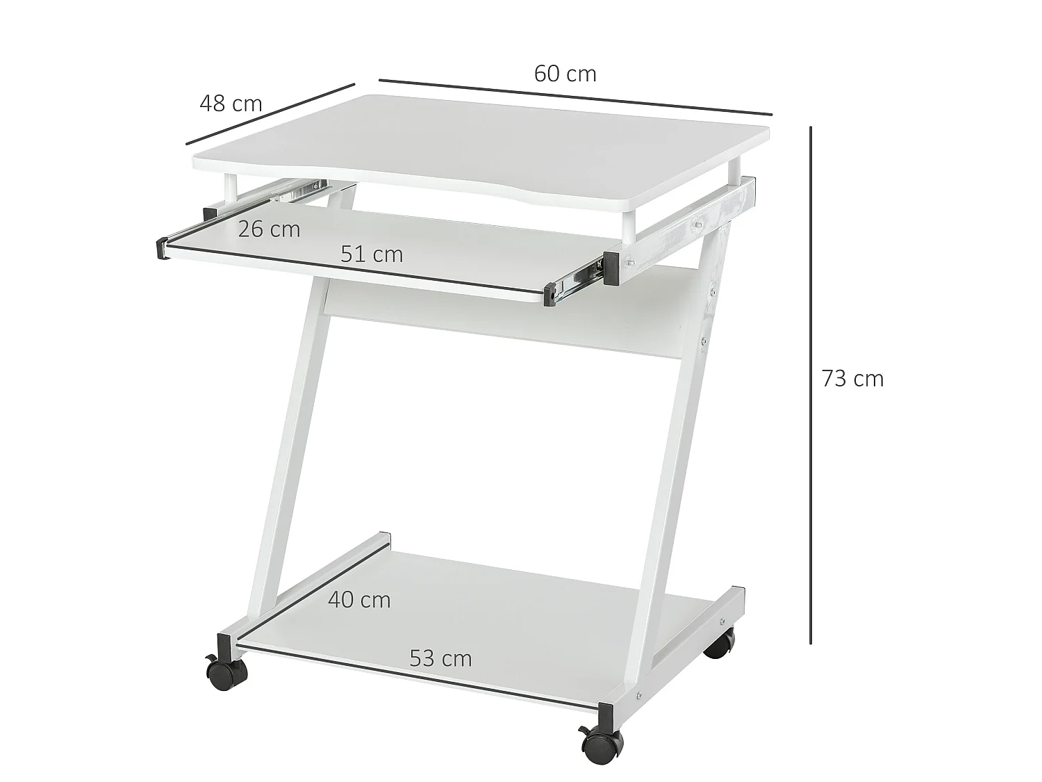 Suel 60cm White Z Shaped Mobile Desk with Wheels and Sliding Keyboard Tray
