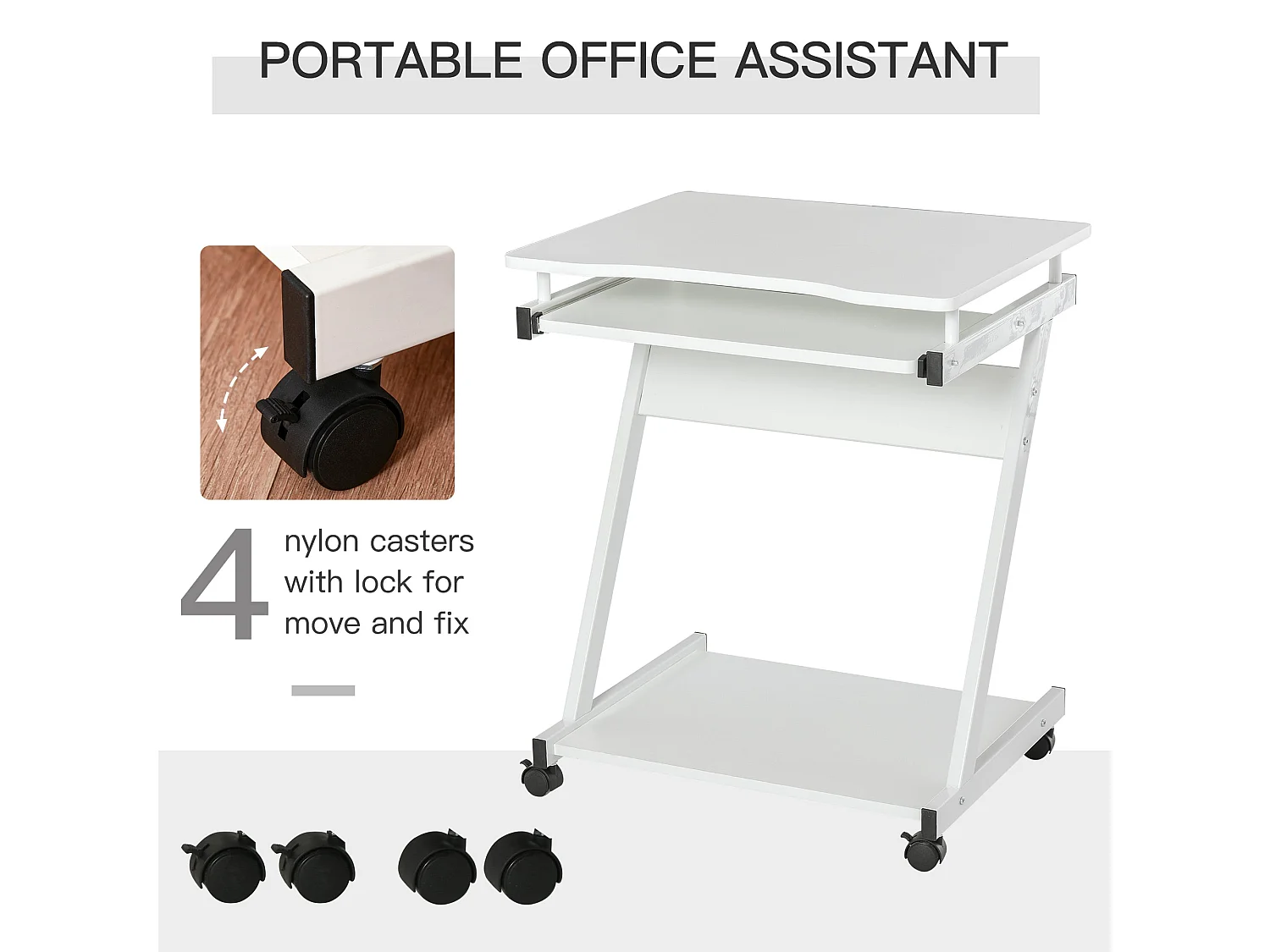 Suel 60cm White Z Shaped Mobile Desk with Wheels and Sliding Keyboard Tray