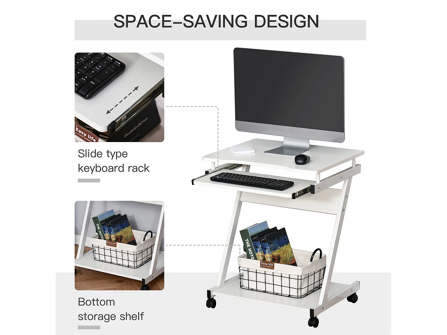 Suel 60cm White Z Shaped Mobile Desk with Wheels and Sliding Keyboard Tray