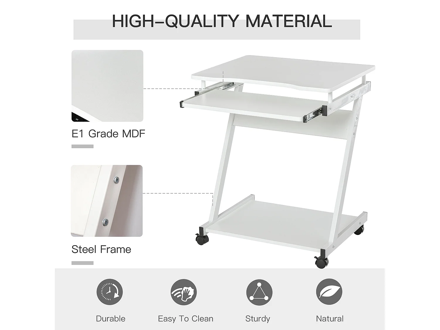 Suel 60cm White Z Shaped Mobile Desk with Wheels and Sliding Keyboard Tray