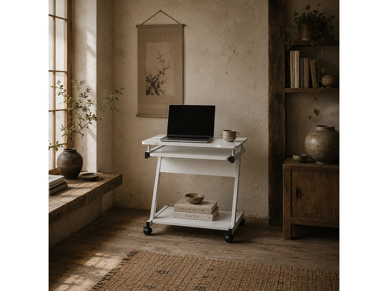 Suel 60cm White Z Shaped Mobile Desk with Wheels and Sliding Keyboard Tray