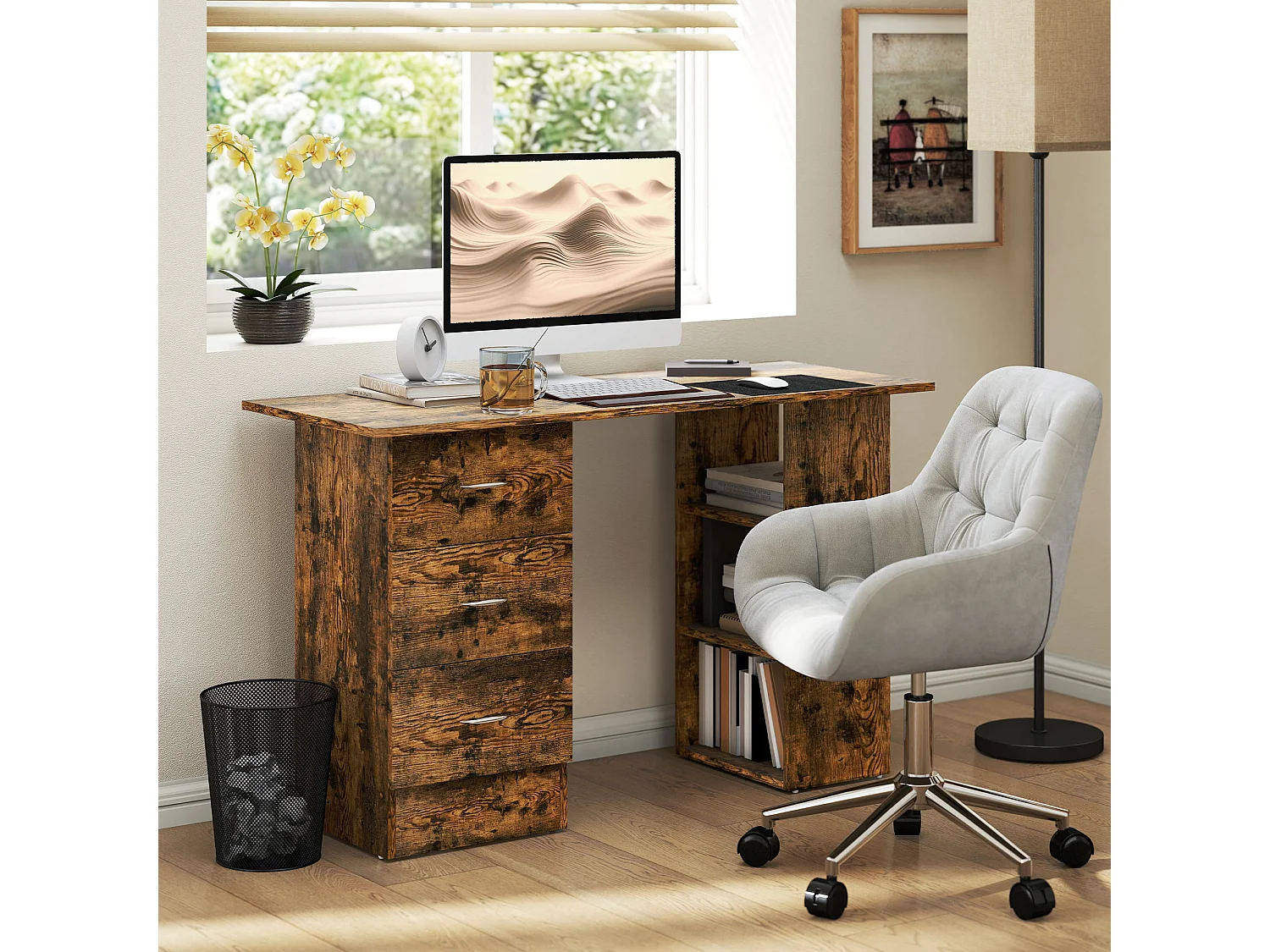 Lomoto 120cm Rustic Brown Home Office Desk 3 Drawers 3 Open Shelves