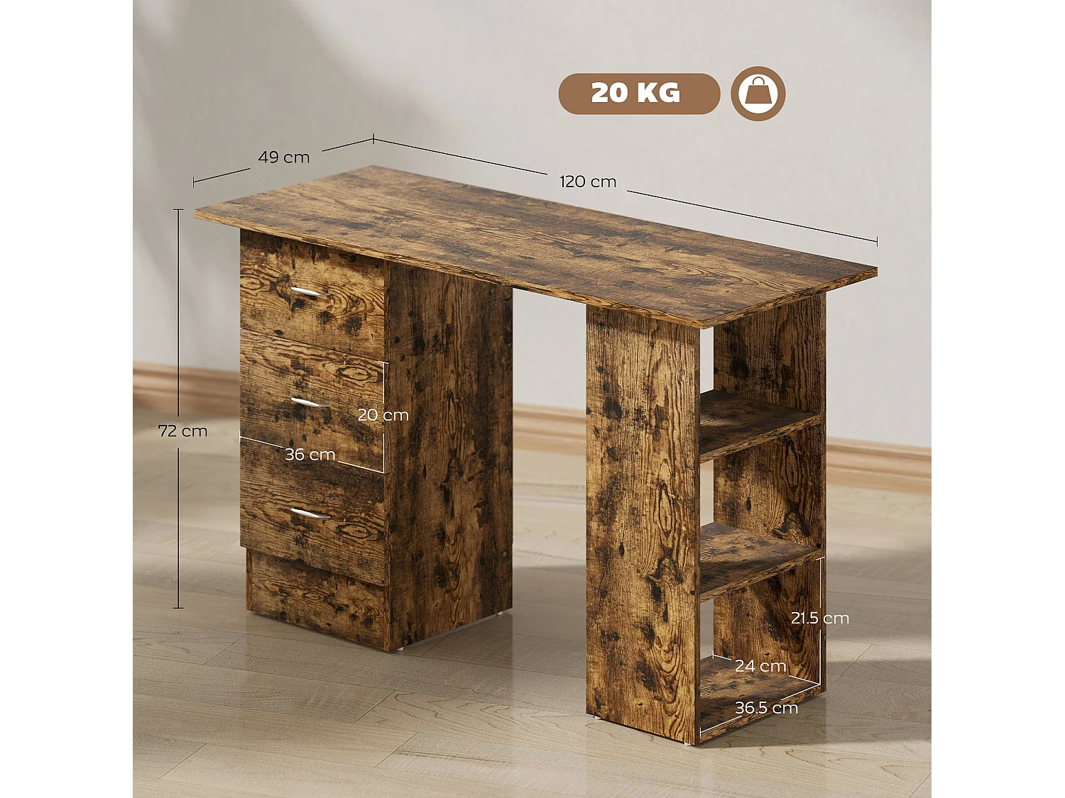 Lomoto 120cm Rustic Brown Home Office Desk 3 Drawers 3 Open Shelves