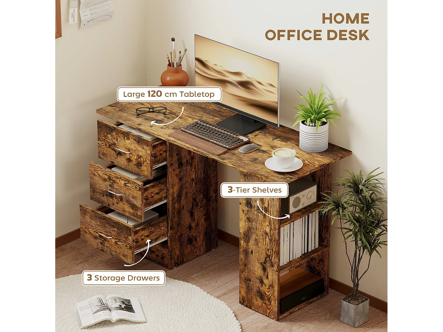 Lomoto 120cm Rustic Brown Home Office Desk 3 Drawers 3 Open Shelves