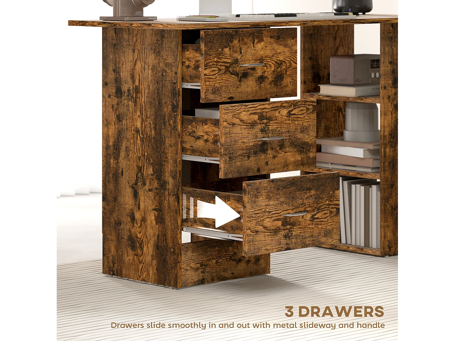 Lomoto 120cm Rustic Brown Home Office Desk 3 Drawers 3 Open Shelves