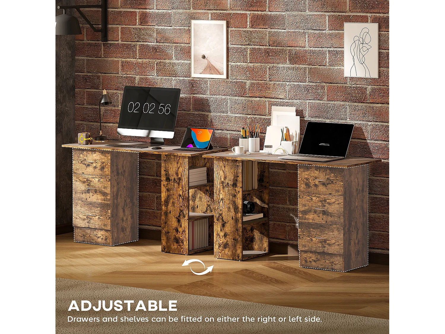 Lomoto 120cm Rustic Brown Home Office Desk 3 Drawers 3 Open Shelves