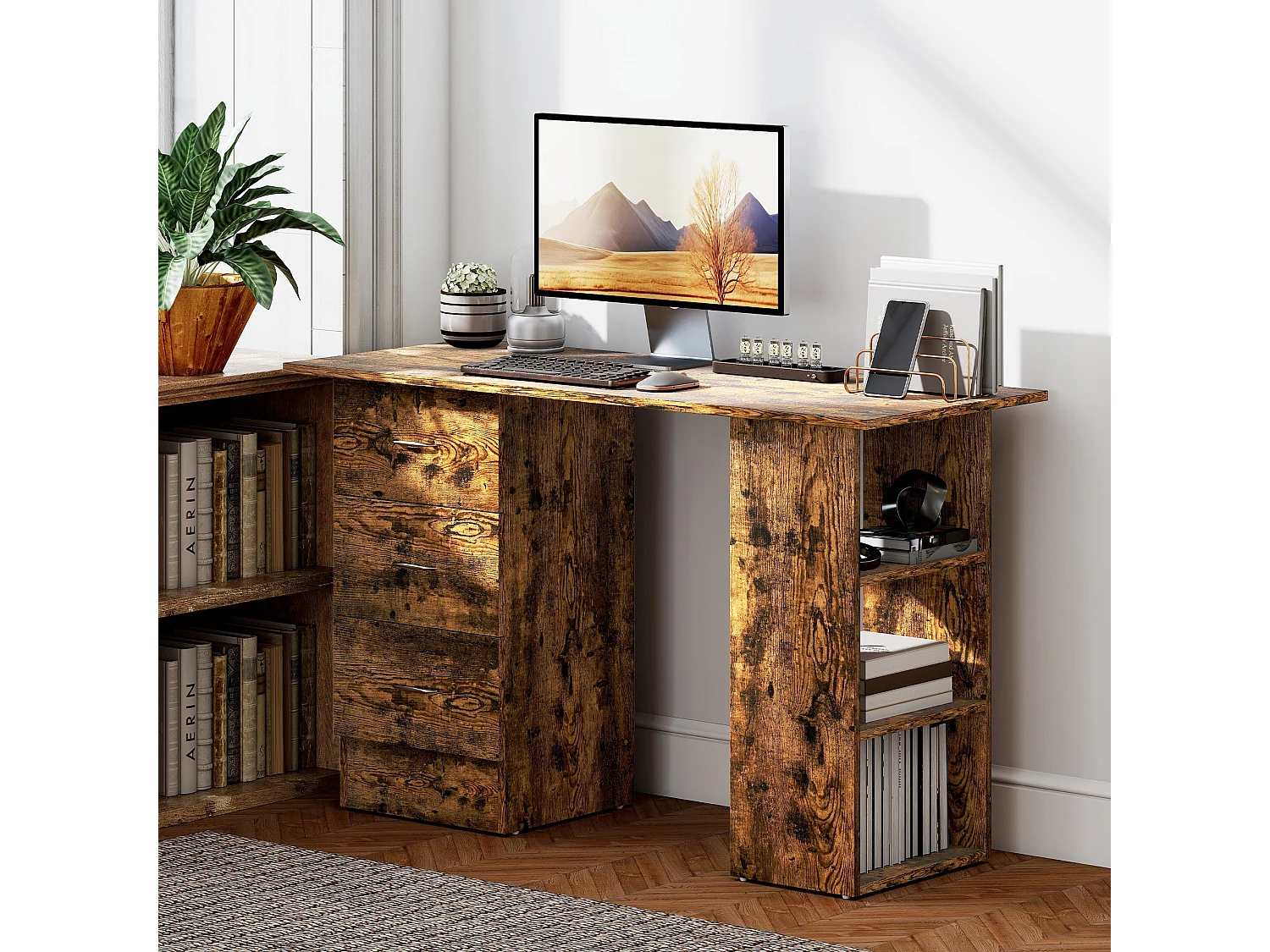 Lomoto 120cm Rustic Brown Home Office Desk 3 Drawers 3 Open Shelves