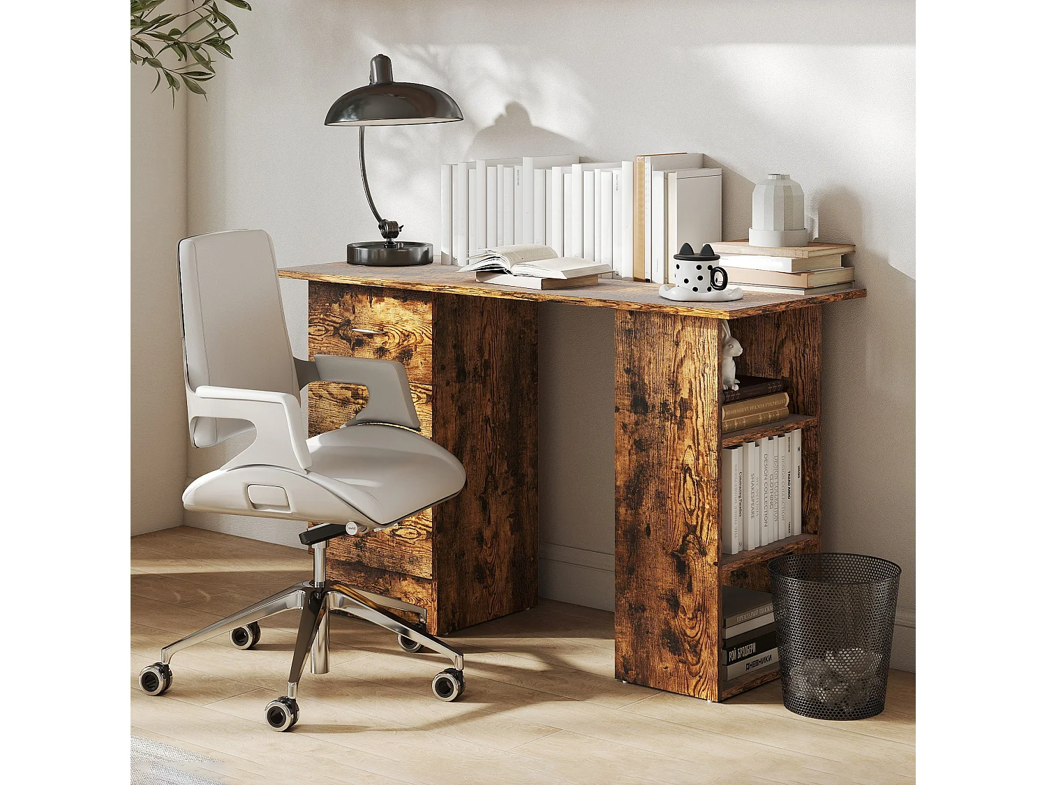 Lomoto 120cm Rustic Brown Home Office Desk 3 Drawers 3 Open Shelves