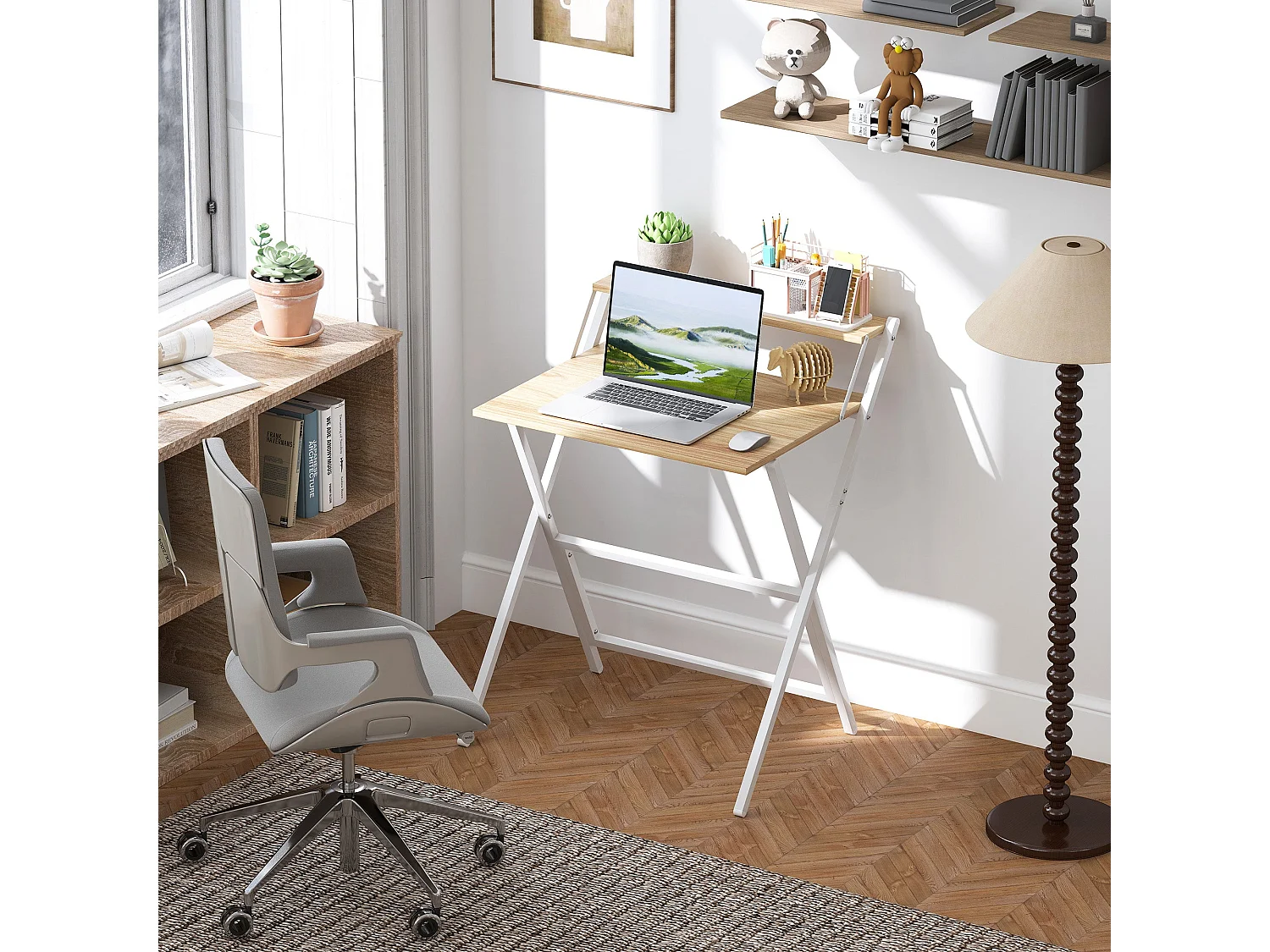 Veeldi 70cm Compact Folding Desk Natural Wood Finish with Raised Monitor Shelf