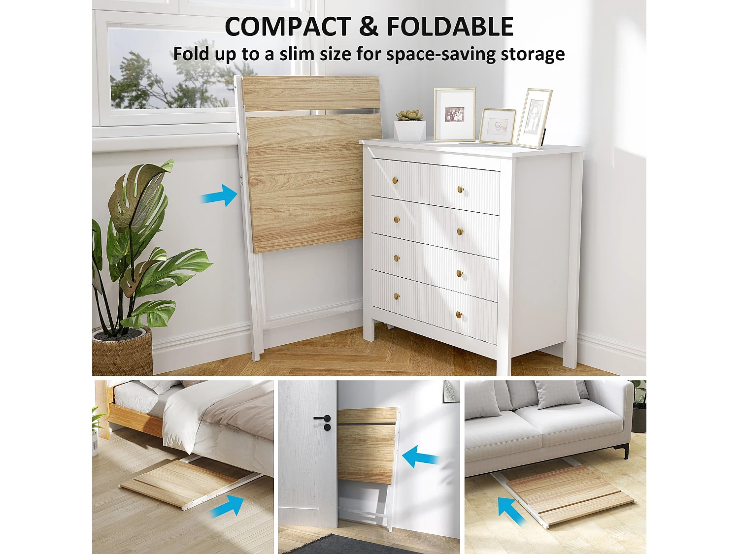 Veeldi 70cm Compact Folding Desk Natural Wood Finish with Raised Monitor Shelf