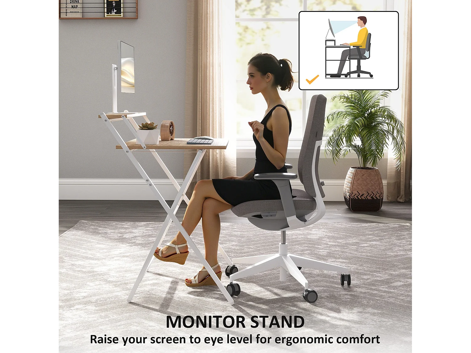 Veeldi 70cm Compact Folding Desk Natural Wood Finish with Raised Monitor Shelf