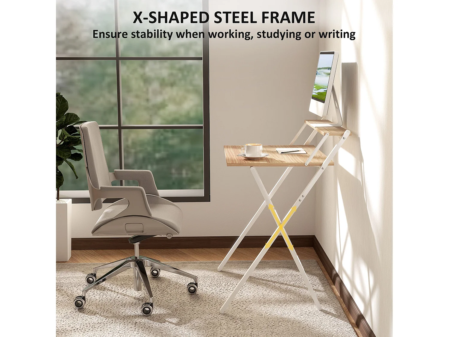 Veeldi 70cm Compact Folding Desk Natural Wood Finish with Raised Monitor Shelf