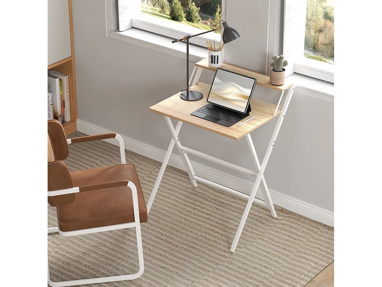 Veeldi 70cm Compact Folding Desk Natural Wood Finish with Raised Monitor Shelf