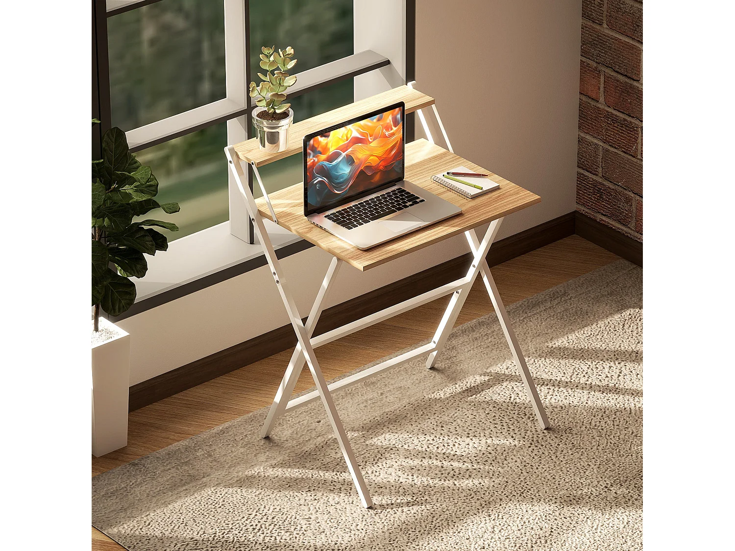Veeldi 70cm Compact Folding Desk Natural Wood Finish with Raised Monitor Shelf