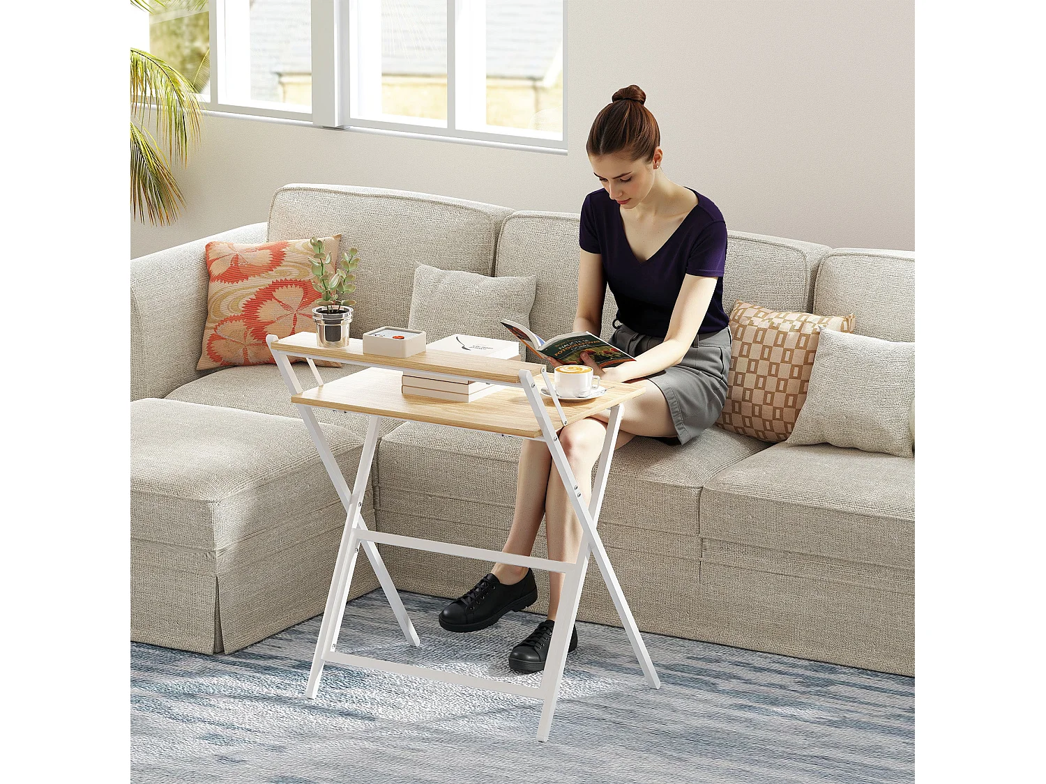 Veeldi 70cm Compact Folding Desk Natural Wood Finish with Raised Monitor Shelf