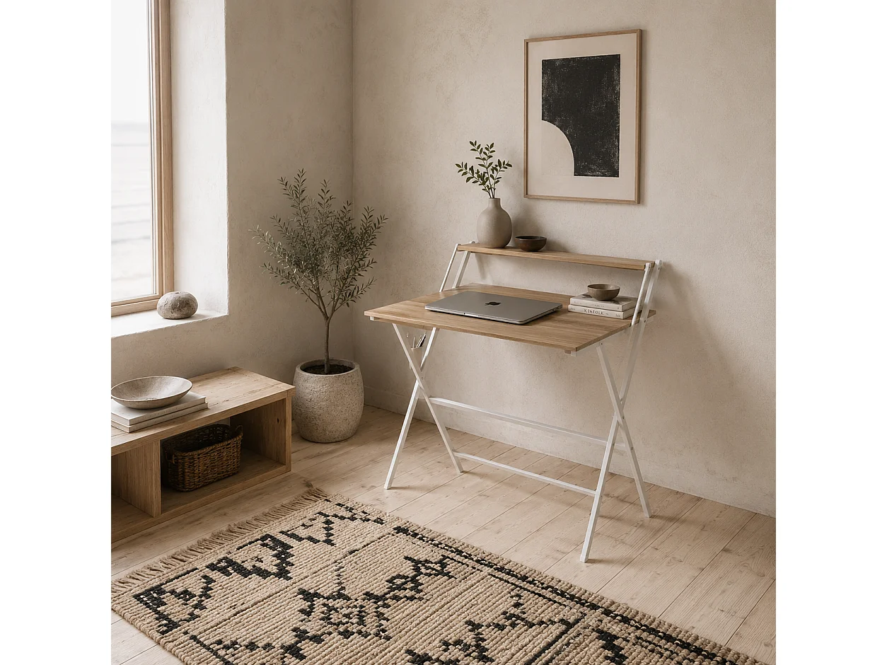 Veeldi 70cm Compact Folding Desk Natural Wood Finish with Raised Monitor Shelf