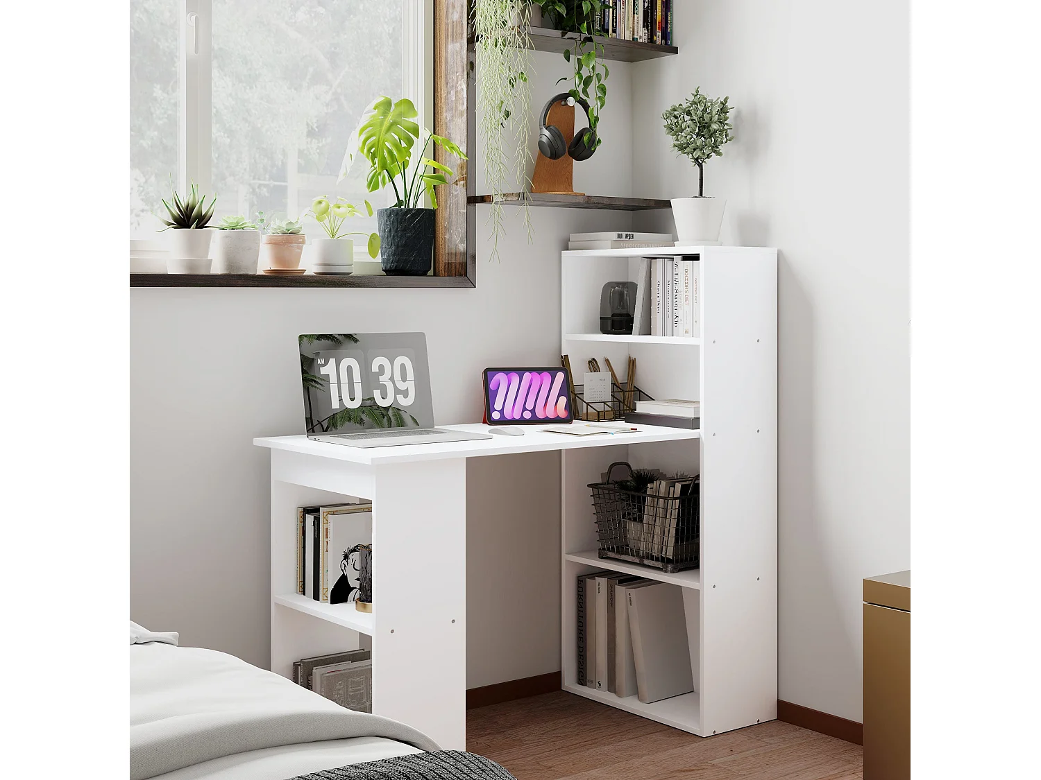 Zire 120cm White Study Desk with 6 Tier Bookshelf Storage